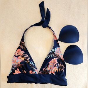 Heat Halter Bikini Top Hawaiian Tropical Print Small Blue Pink